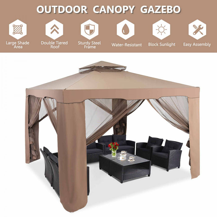 Costway 10'x 10'2-tier Canopy Gazebo Tent Outdoor Netting Picnic Party Sun Shade