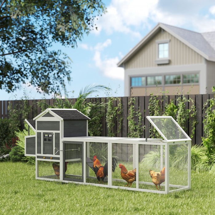 PawHut 117\" Chicken Coop, Wooden Rabbit Hutch with Chicken Run, Slide-out Tray, Asphalt Roof, Nesting Box - Grey and White