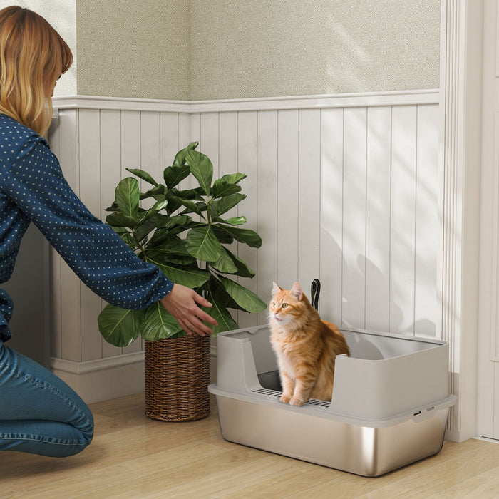 PawHut Stainless Steel Cat Litter Box, XL High Sided Cat Litter Box with Scoop, Anti Leakage & Easy to Clean, Pet Toilet for Big Kittens, 24\" x 16\" x 12\", Grey