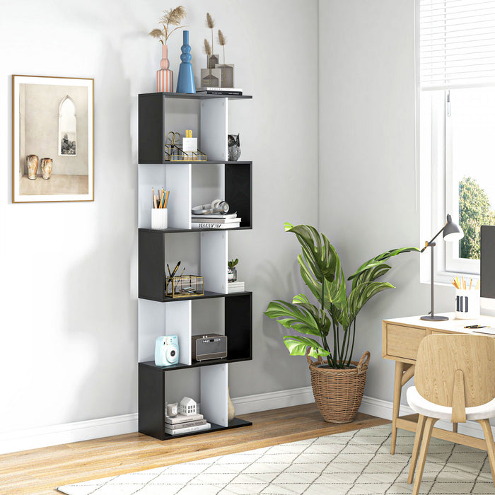 HOMCOM Geometric Bookcase, 5-Tier S Shaped Bookshelf, Black and White