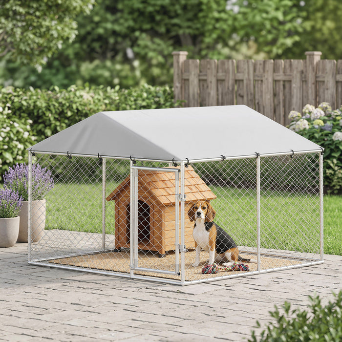 PawHut Outdoor Dog Kennel Dog Run with Waterproof, UV Resistant Cover, Double Secure Locks for Small and Medium Sized Dogs, 7.5' x 7.5' x 5.6', Silver