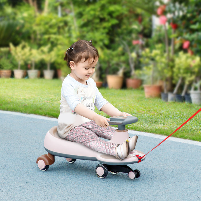 Qaba Wiggle Car For Toddlers 2-6 Years, Kids Swing Car W/ Parent Traction Rope, Music, Light, Ride On Car No Batteries, Gears Or Pedals, Twist, Turn, Wiggle Movement To Steer, Pink
