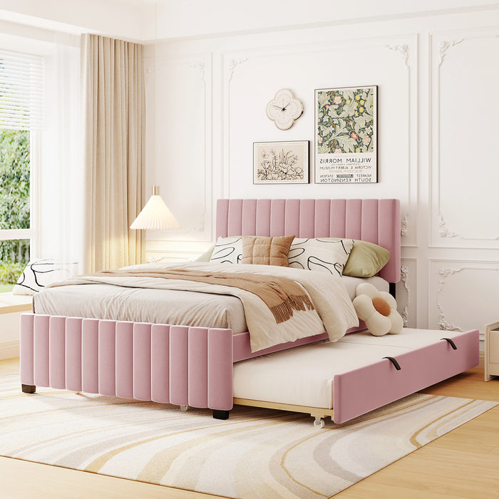 Ethan Space-Saving Velvet Upholstered Platform Bed with Trundle,Full Size,Pink Full Bed