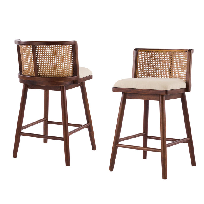 Talia Wooden Counter Height Bar Stool Set of 2 with Rattan Backrest,Walnut