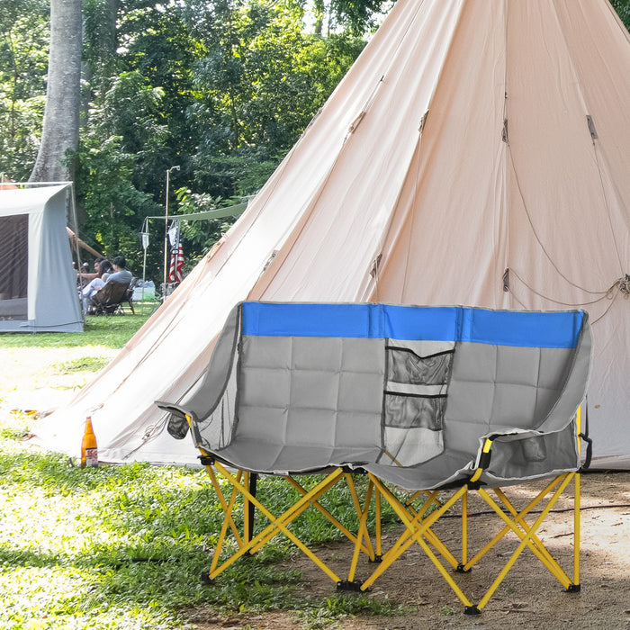 Outsunny 62\" W Double Seat Camping Chair Folding Lawn Loveseat w/ Storage Pocket & Cup Holder Compact in a Bag for Outdoor, Beach, Picnic, Hiking, Travel, Blue