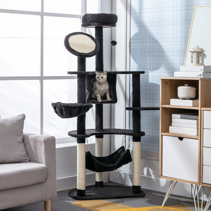 Pawhut 60 Inch Cat Tree For Large Cats Adult, Tall Cat Tower With Scratching Posts And 2 Hammocks, Multi-level Plush Kitten Condo For Indoor Cats With Dangling Balls, Dark Grey
