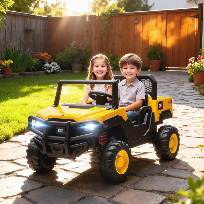 Qaba 24V Caterpillar Licensed Ride on Car, 4WD 2 Seater Electric Ride on Dump Truck with Remote Control, Up to 5 Mph, Dump Bed, Shovel, Electric Car for Kids 3-8 Years