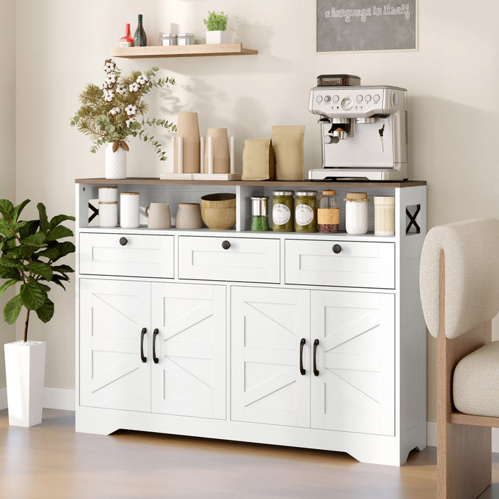 HOMCOM Sideboard, Buffet Cabinet with 4 Barn Doors and 3 Drawers White