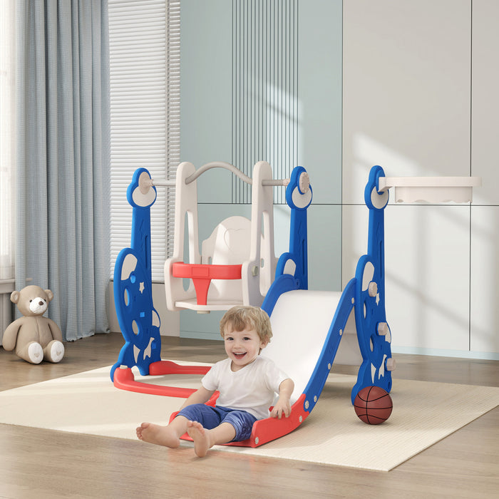 Qaba 4-in-1 Toddler Slide, Baby Kids Indoor Slide and Swing Set with Basketball Hoop, Climber, Indoor Playground for Ages 1.5-4 Boys Girls Toddler, Rocket Themed, Dark Blue
