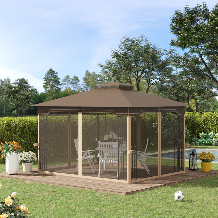 Outsunny 10' X 12' Patio Gazebo, Double roof Outdoor Canopy Shelter With Corner Frame And Mesh Netting For Garden, Lawn, Backyard And Deck, Brown
