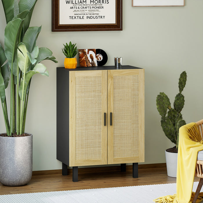 HOMCOM Boho Sideboard Buffet Cabinet with 2 Rattan Doors, Black