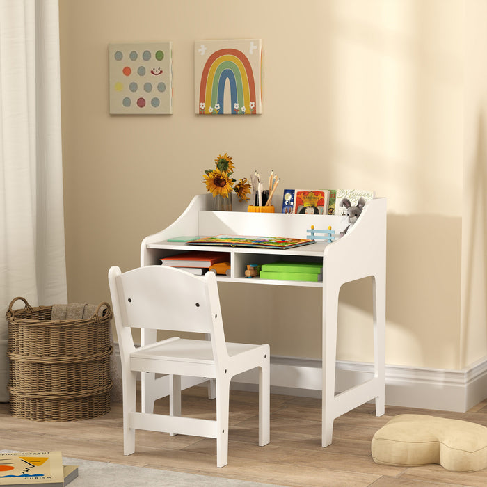 Qaba Kids Desk And Chair Set, Children School Study Table Workstation With Storage, Shelves For 3-8 Years Old, Student Writing Desk For Bedroom, White