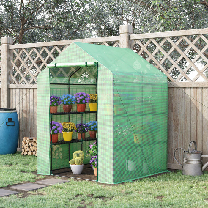 Outsunny 56\" X 54\" X 74\" Walk-in Greenhouse Portable Garden Plant Flower Seed Warm House 8 Shelves Outdoor Plant Growth Hot House Pe Cover Green