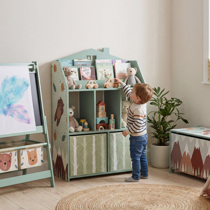 Qaba Kids Bookshelf with Toy Storage, Children's Bookcase with Book Display, Shelves and Fabric Drawers, Toy Organizer for Playroom and Nursery, Green