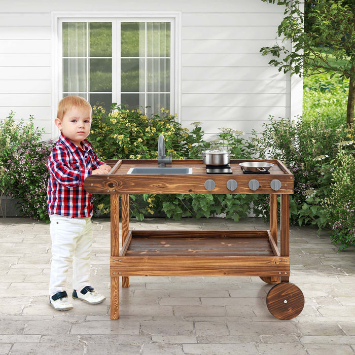 Costway Kids Wooden Mud Play Kitchen Cart With Sink, 4 Stoves & Storage Shelf Natural