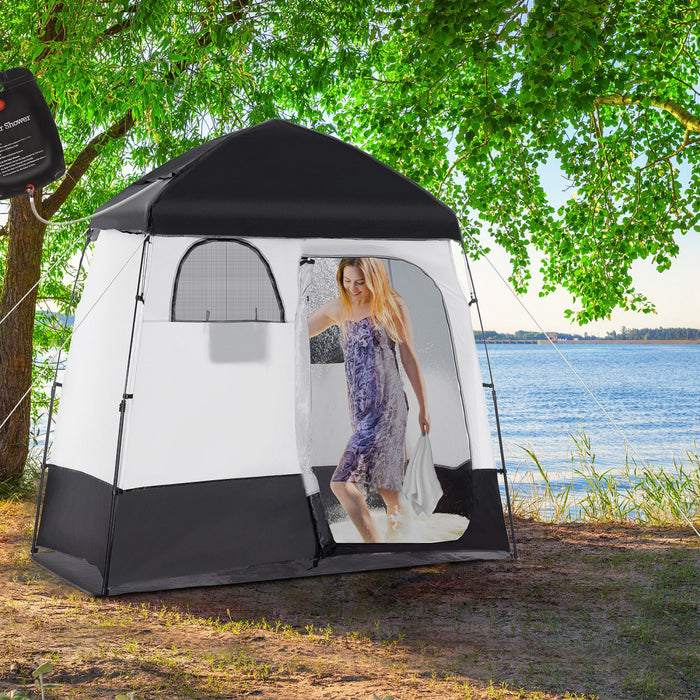Outsunny Two Room Pop Up Shower Tent W/ Shower Bag, Floor, Carry Bag, Black