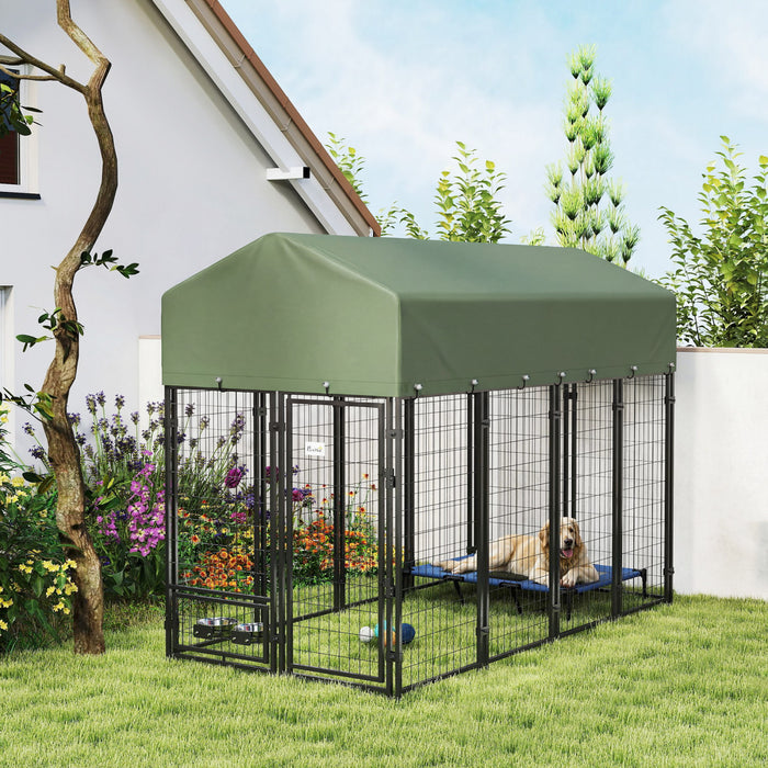 PawHut Outdoor Dog Kennel, Run, Large Wire Steel Fence, Lockable Pet Playpen Enclosure, with Water-, UV-Resistant Canopy Top, Door, Rotating Bowl Holders, 8ft x 4ft x 6ft, Green