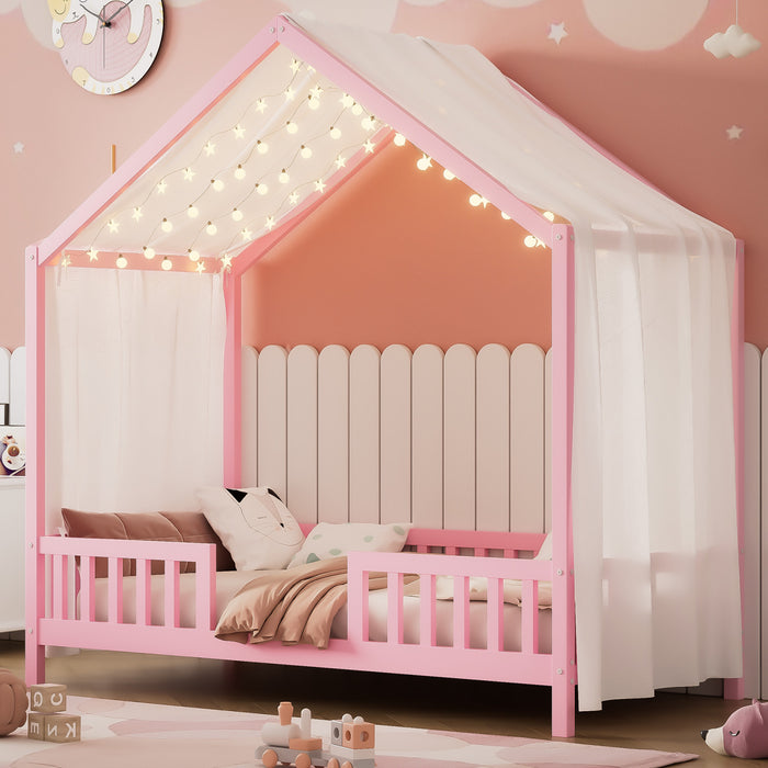 Paul Montessori Floor Bed with Canopy and High Railings,Twin Size，Pink Twin Bed