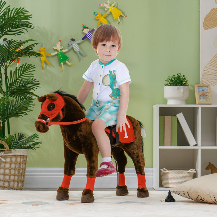 Qaba Standing Ride On Horse, Plush Pony Toy For Kids With Neighing Sound, Soft Padding, For Cowboy Cowgirl Aged 3-8 Years Old, Red
