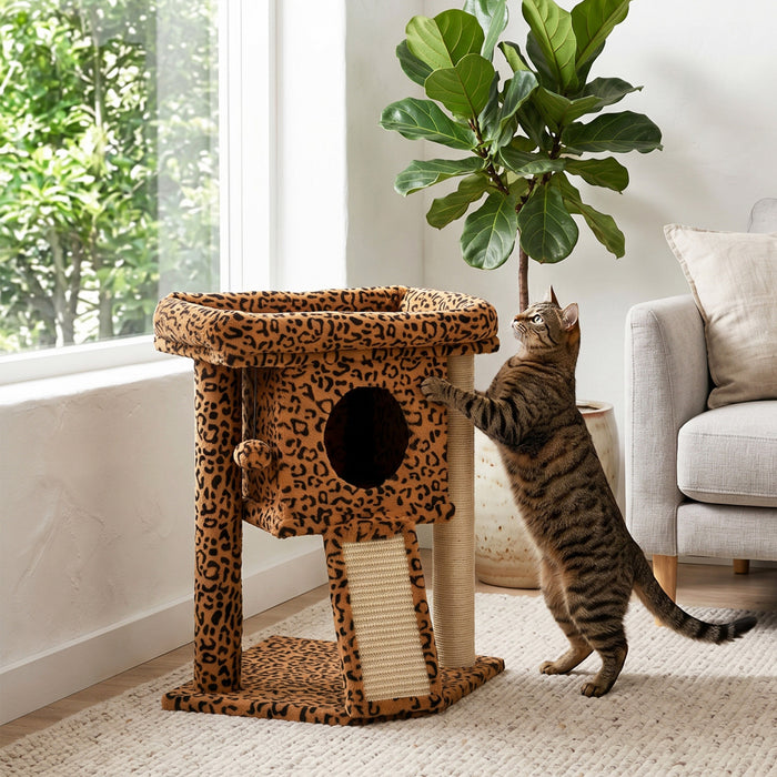 PawHut Cat Tree, Small Cat Tower with Perch, Scratching Post, Cat Condo, Toy Ball for Kitty, Indoor Use, Leopard Print