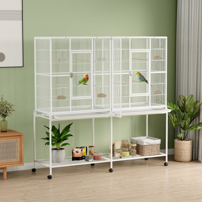 PawHut 64\" Extra Large Bird Cage w, Rolling Metal Parrot Cage, Bird House with Detachable Rolling Stand, Storage Shelf, Wood Perch, Food Container, 62.8\" x 18.9\" x 64.2\", White