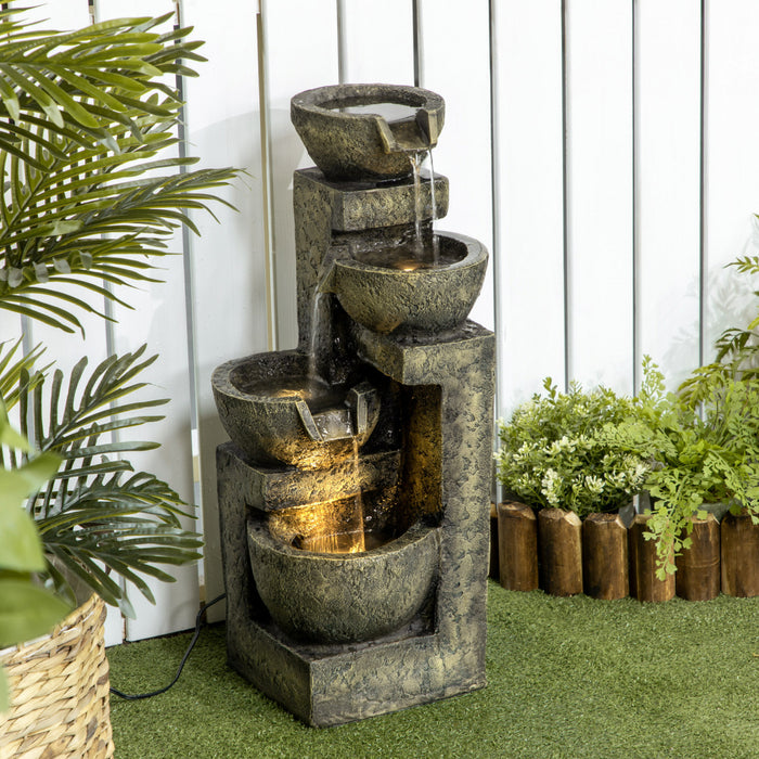 Outsunny Outdoor Fountain With Adjustable Flow & Led Lights, Stone Look