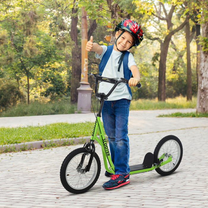 Aosom Youth Scooter Street Kick Scooter For Teens Kids Ride On Toy W/ 16'' Inflatable Wheel Dual Brakes For 5+ Year Old Green