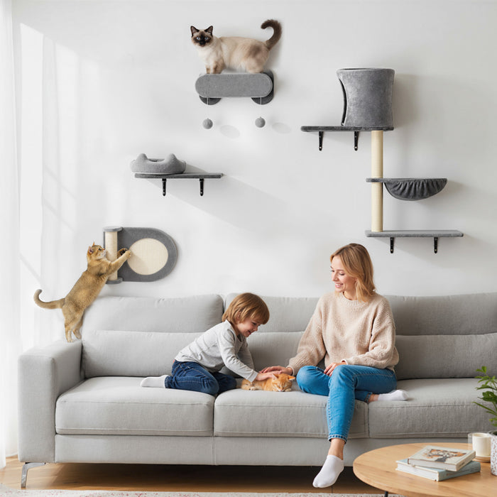 PawHut Cat Wall Shelves, 4 Pcs Cat Wall Furniture Climber Set with Scratching Post & Pad, Condo, Hammock, Bed, Step, Hanging Pompoms, Perches, for Kitty Climbing, Sleeping, Playing