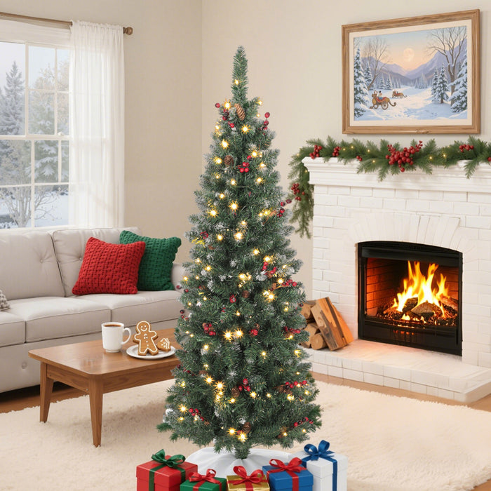 HOMCOM 5 ft Prelit Pencil Christmas Tree with Silver Glitter, Xmas Tree