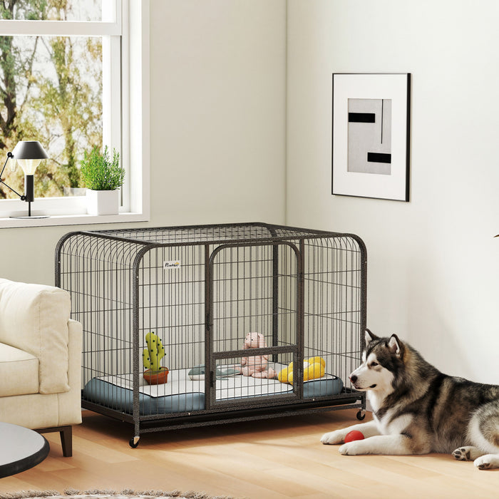 PawHut 48 Inch Heavy Duty Dog Crate, Large Metal Dog Cage with Lockable Wheels and Removable Tray for Small Medium Large Breeds, Puppy Playpen for Indoor Outdoor, Black