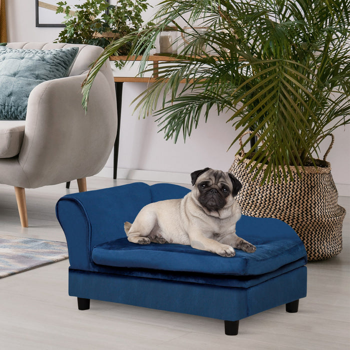 Pawhut Pet Sofa Dog Couch Chaise Lounge Pet Bed With Storage Function Small Sized Dog Various Cat Sponge Cushioned Bed Lounge, Blue