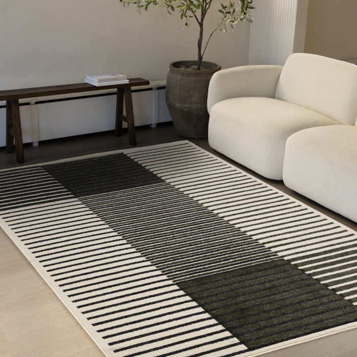 Maverick Green Black White Modern Striped Design Rug, 5'3\" x 7'7\" Indoor Area Rug