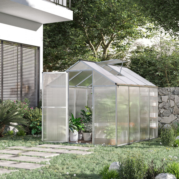 Outsunny 8' X 6' X 6.4' Walk-in Garden Greenhouse Polycarbonate Panels Plants Flower Growth Shed Cold Frame Outdoor Portable Warm House Aluminum Frame
