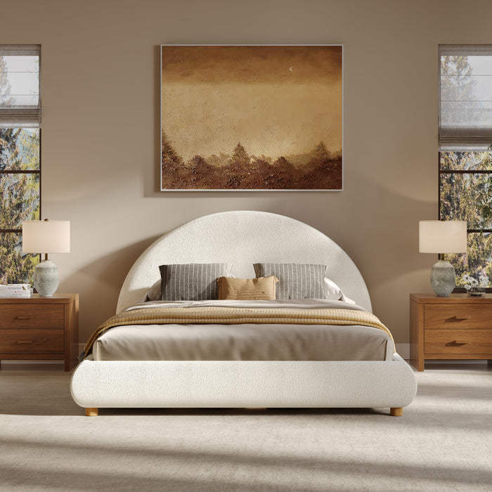 Harold Platform Bed with Boucle Upholstered Round Curved Headboard and Low-Profile Frame,Queen Size,White Queen Bed