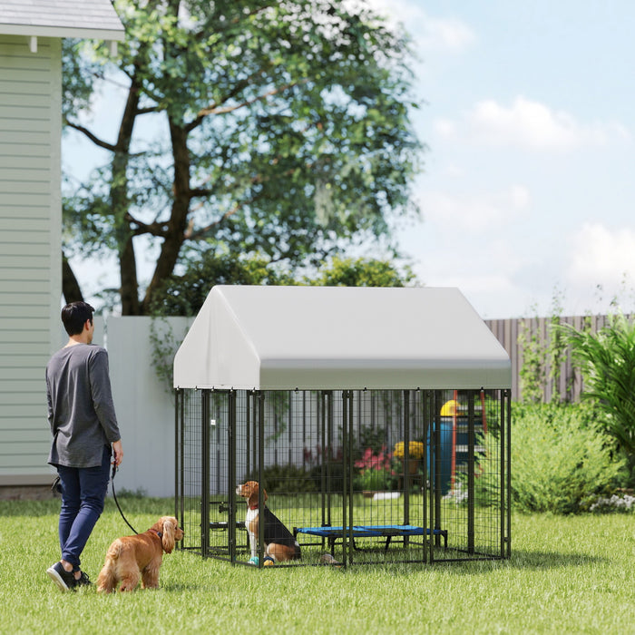 PawHut 6' x 6' x 6' Dog Run Outdoor, Large Outdoor Dog Kennel Welded Wire Steel Fence with UV-Resistant & Waterproof Cover, Secure Lock, Silver