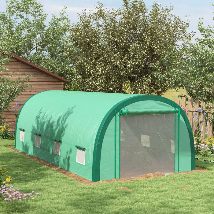 Outsunny 19.5' X 10' X 6.5' Walk-in Tunnel Greenhouse With Upgraded Structure, Zipped Roll Up Mesh Door, 8 Mesh Windows, Plant Hot House Tent With Pe Cover, 15 Plant Labels And Gloves, Green
