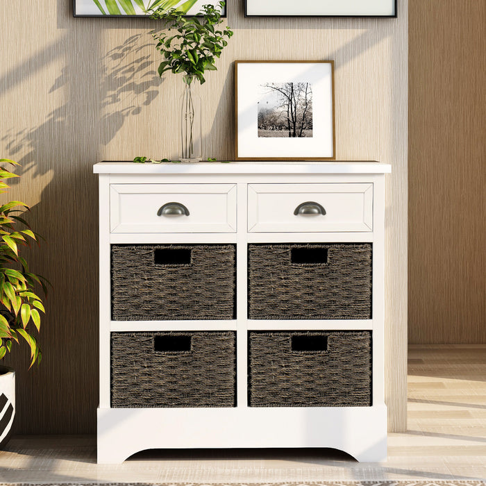 Tobey Solid Wood Storage Cabinet With 2 Drawers And 4 Rattan Baskets,white Accent Cabinet