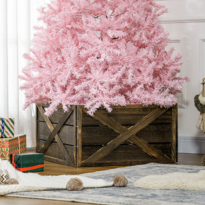 HOMCOM 28\" Wooden Christmas Tree Collar Box Dark Distressed Wood Finish