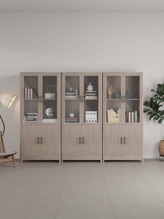 Jodie Mid-Century Modern 31\" Bookcase Cabinet in Whitewashed Oak (6-Shelf) - Set of 3