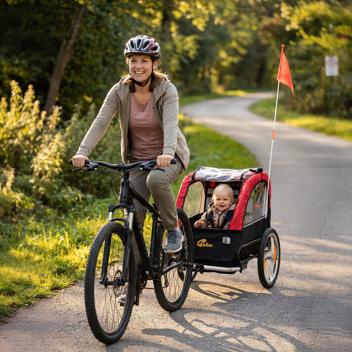 Qaba Bike Trailer for Kids, Baby Bicycle Trailer with 16\" Rubber Wheels, 5-Point Harness, Storage Pocket, Waterproof Cover, Safety Flag, Reflectors, for 18+ Months, Red