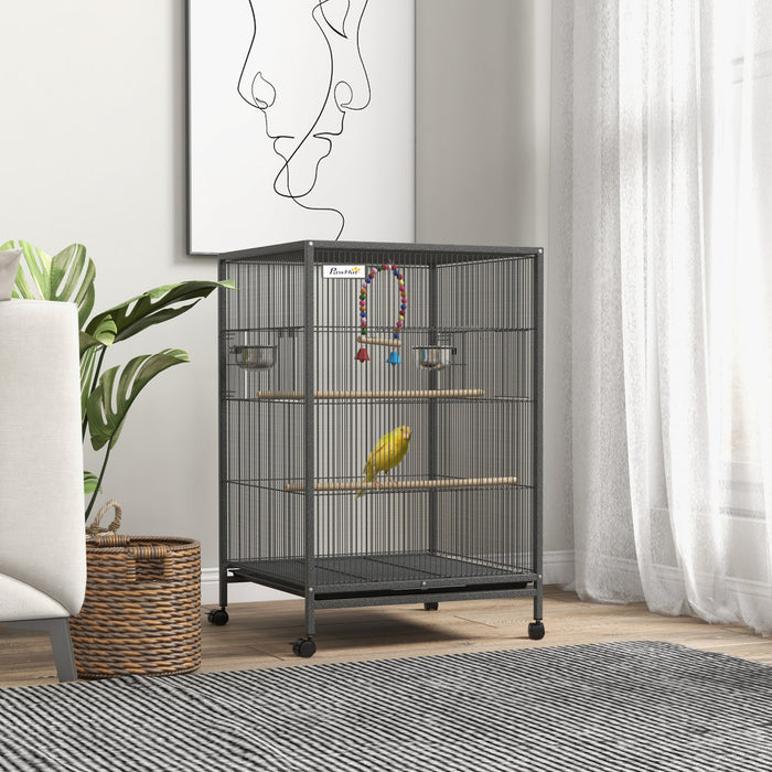 Pawhut 29\" Bird Cage With Rolling Stand For Parrots, Love Birds, And Finches, Large Bird Cage With Colourful Swing, Stainless Steel Bowls, Removable Tray - Grey