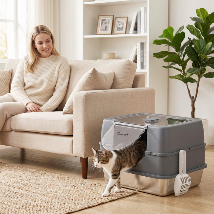 PawHut Stainless Steel Cat Litter Box with Lid, High Sided Enclosed Litter Box with Removable Lid, Tray, Scoop, Easy to Clean, Odor Control, Anti-Leakage, Grey