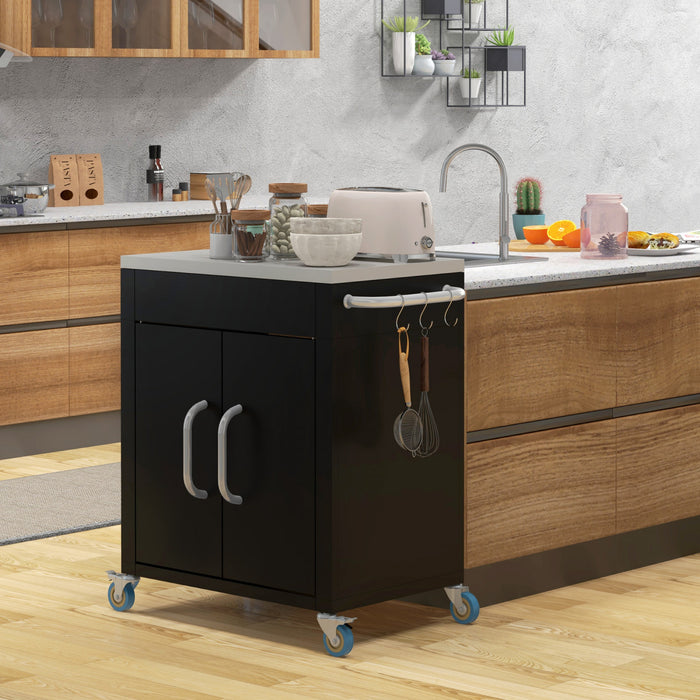 Outsunny Outdoor Grill Cart with Stainless Steel Top, Pizza Oven Table with Cabinet Handles, Hooks and Wheels, Black