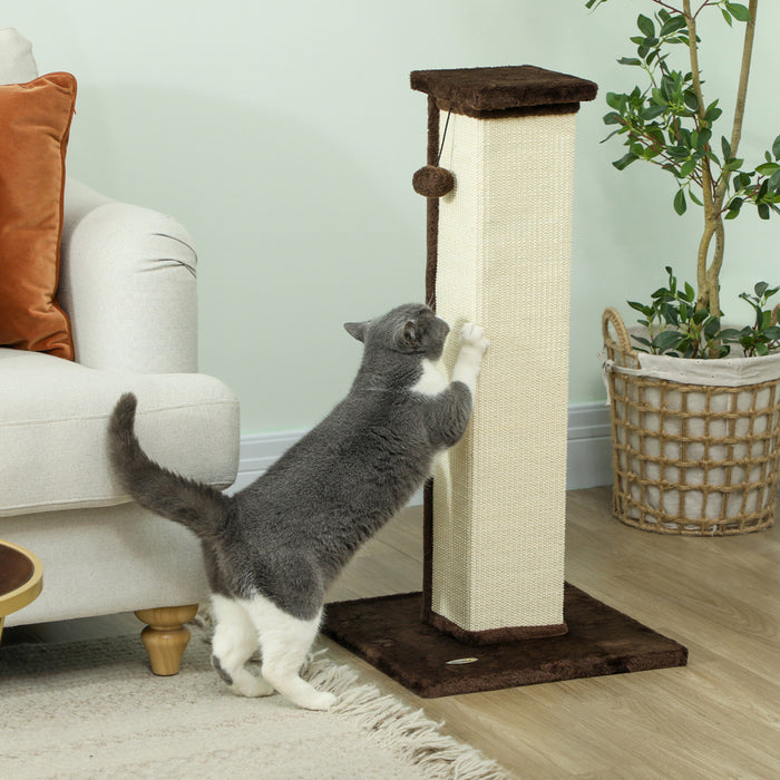 Pawhut 32\" Tall Cat Scratching Post For Indoor Cats And Kittens, Vertical Claw Scratcher, Sisal Cat Scratcher With Hanging Ball And Soft Plush, Brown