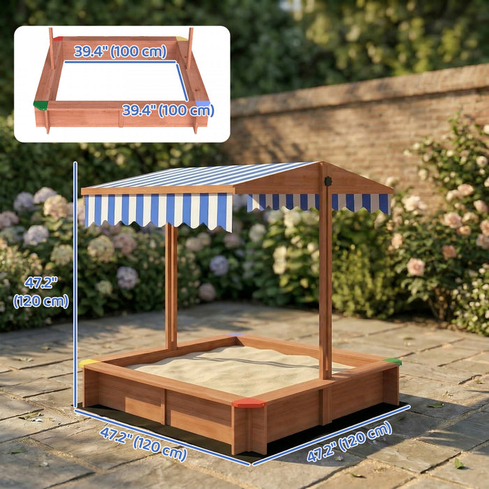 Outsunny Wooden Sandbox with Cover, Kids Sandbox Outdoor with Adjustable Canopy, Seats, and Bottom Liner for Backyard, Beach, 47\" x 47\" x 47\", Gift for Ages 3-6, Dark Brown