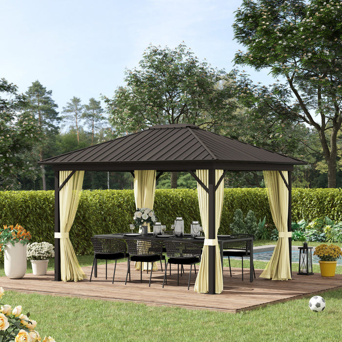 Outsunny 10' X 12' Hardtop Gazebo Canopy With Galvanized Steel Roof, Aluminum Frame, Permanent Pavilion Outdoor Gazebo With Netting, Curtains, Top Hook, Beige