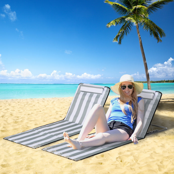 Outsunny 2 Pcs Folding Beach Lounge Chair W/ Pillow, Light Grey