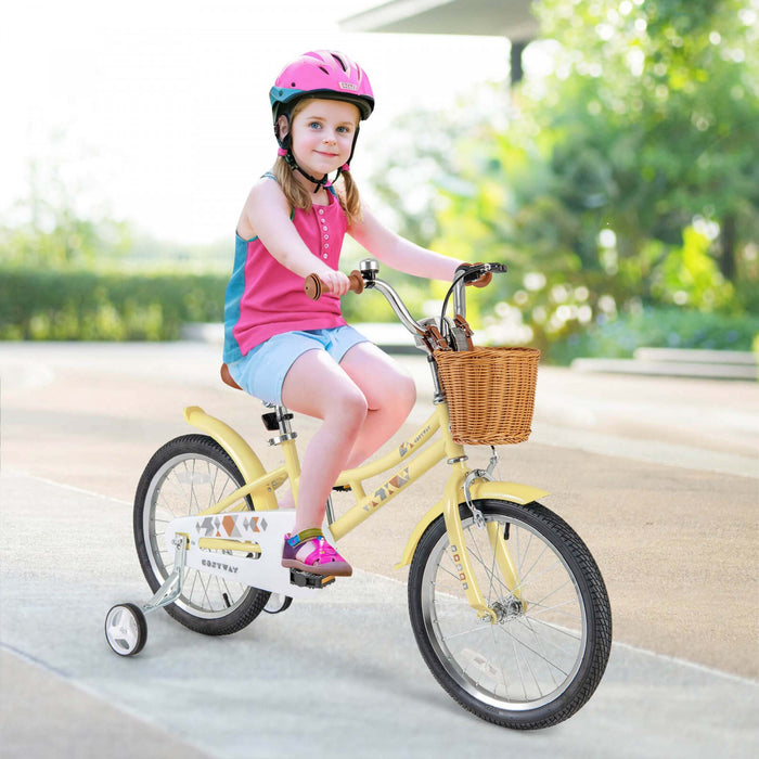Costway 18\" Kids Bike With Height Adjustable Handlebar Seat Basket Bell Training Wheels Yellow