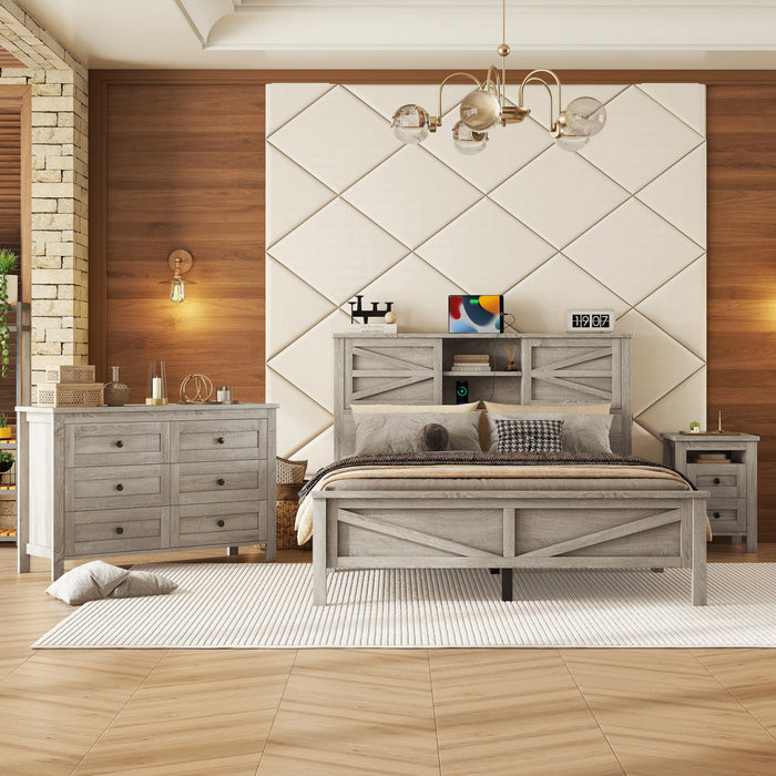 Madison Bedroom Set Farmhouse Platform Bed with Storage and Charging Station,Queen Size，Grey Queen Bed