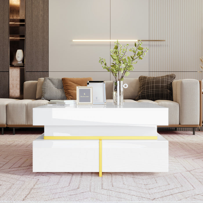 Ava High-Gloss Coffee Table with Storage Drawers and Gold Accents,White
